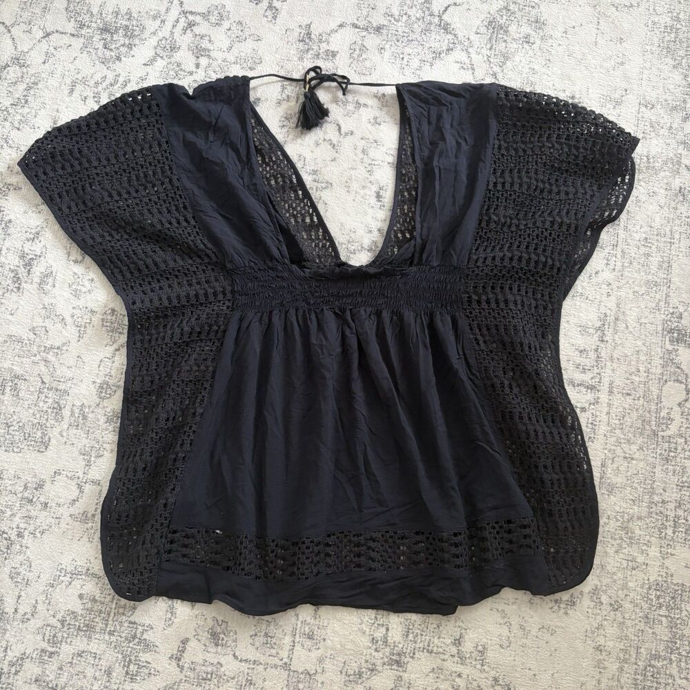 Abercrombie & Fitch Y2K Black Crochet Kaftan Top Size M/L Peasant Boho V-neck - Picture 3 of 7